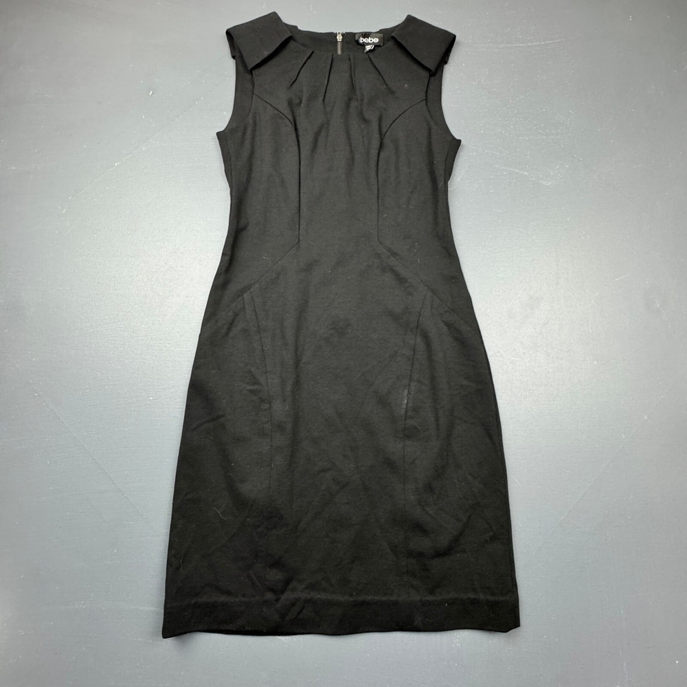 Bebe Women's Small Black Sleeveless Pleated Collar Dress Zipper Back Shift Style
